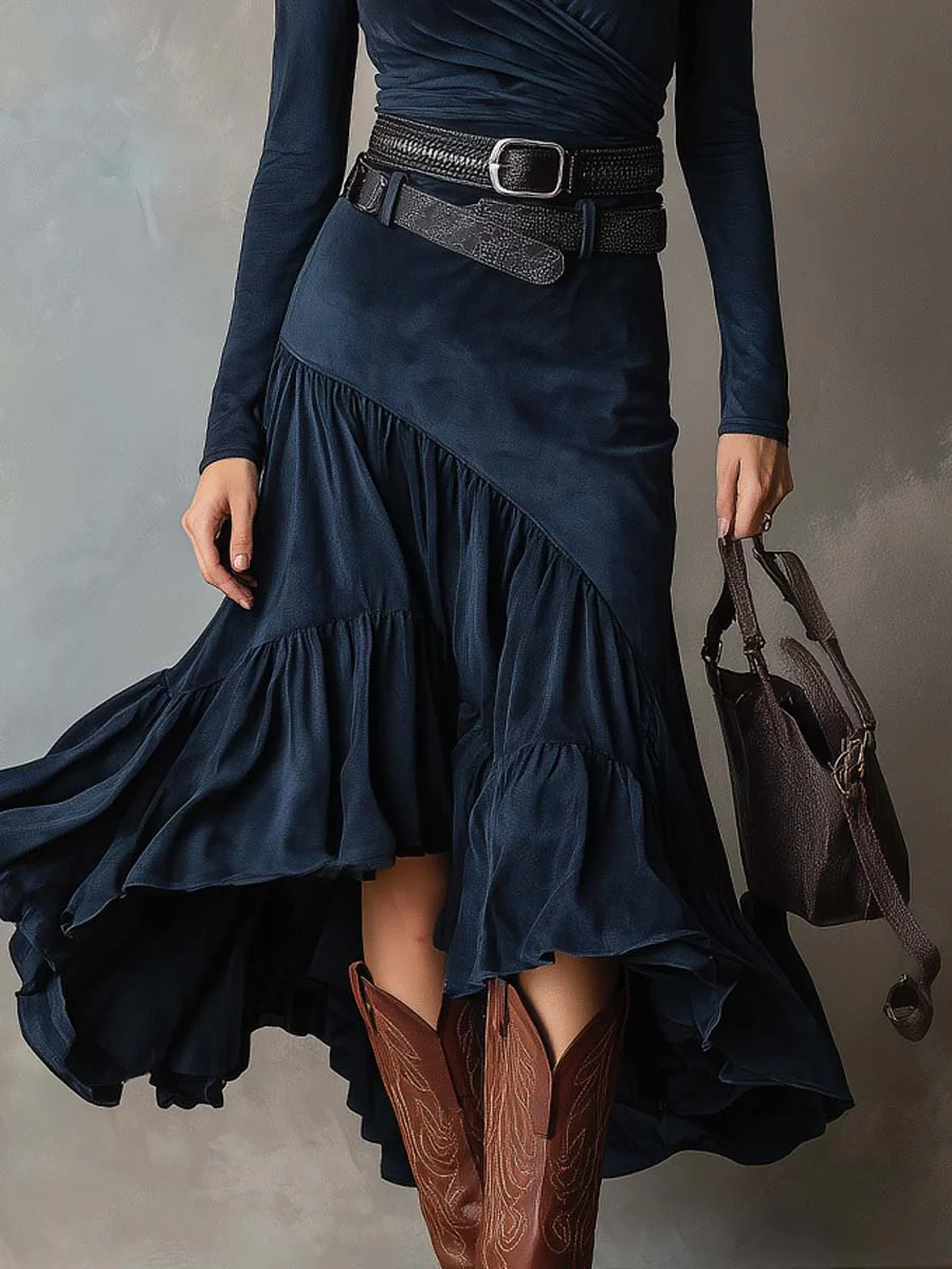 Chicyis Navy Blue Crossover V-Neck Maxi Dress - Elegant Suede Fit - CHICYIS