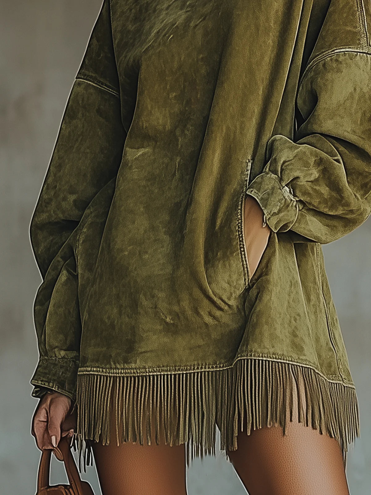Elegyn Olive Green Suede Mini Dress - Turtleneck Fringe Hem Boho