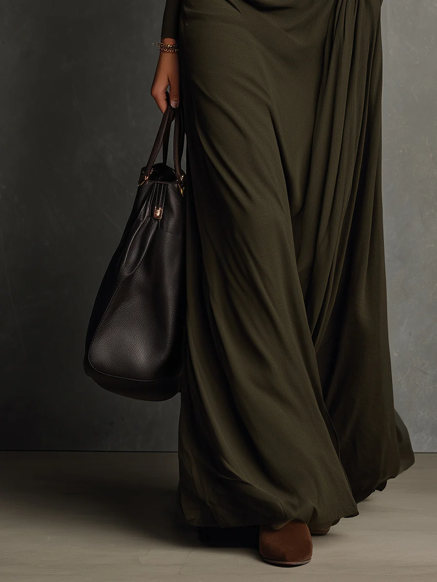 Elegyn Olive Green Maxi Dress - Cowl Turtleneck & Slim Fit