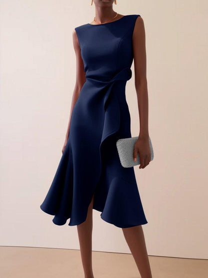 Elegyn Red Sleeveless A-Line Midi Dress - Elegant Twist-Waist Fit