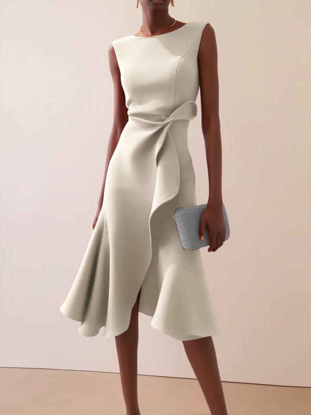 Elegyn Red Sleeveless A-Line Midi Dress - Elegant Twist-Waist Fit