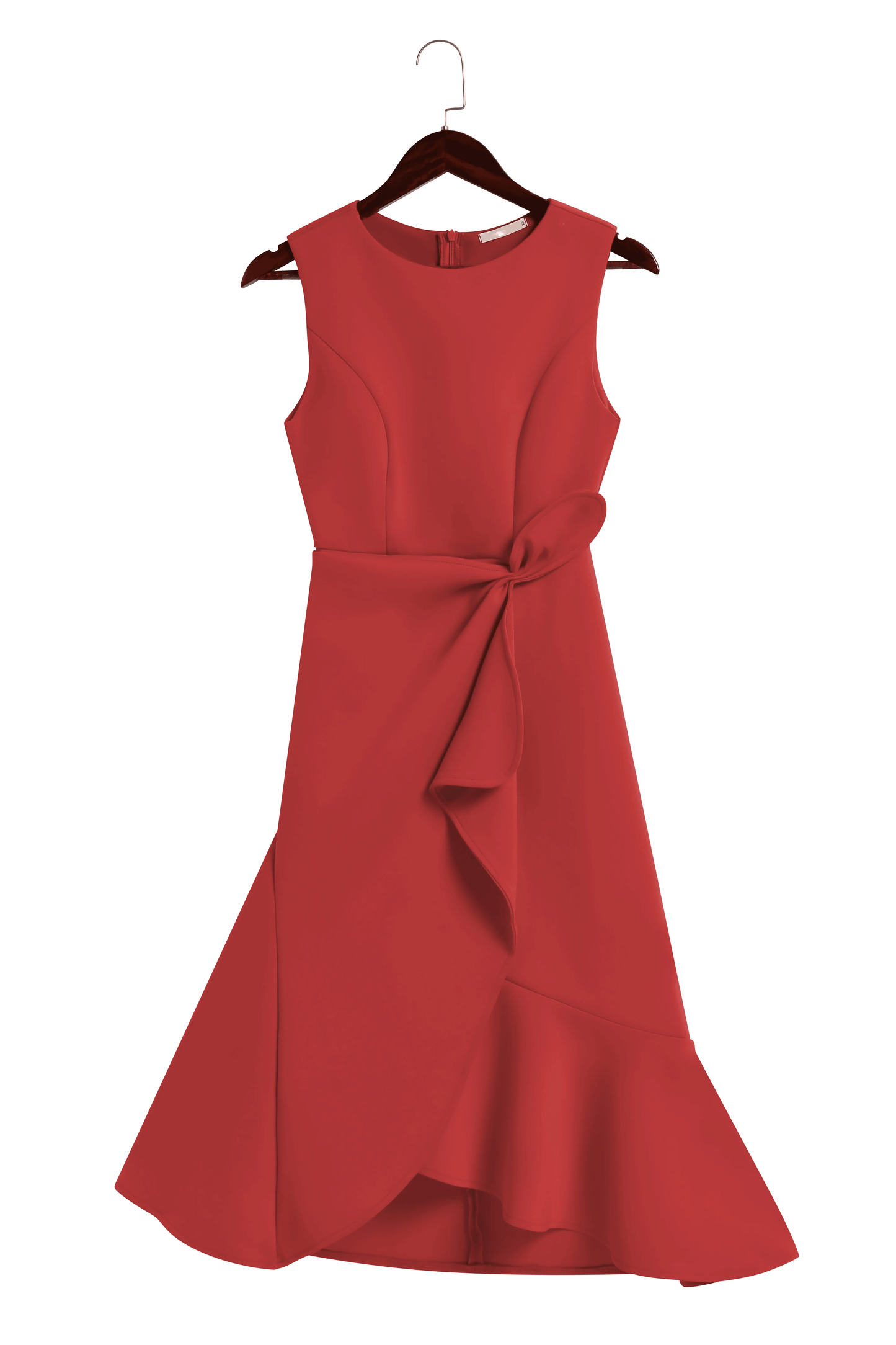 Elegyn Red Sleeveless A-Line Midi Dress - Elegant Twist-Waist Fit