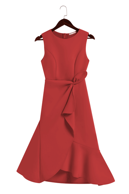 Elegyn Red Sleeveless A-Line Midi Dress - Elegant Twist-Waist Fit