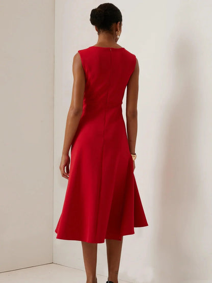 Elegyn Red Sleeveless A-Line Midi Dress - Elegant Twist-Waist Fit