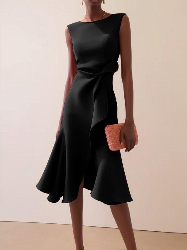 Elegyn Red Sleeveless A-Line Midi Dress - Elegant Twist-Waist Fit