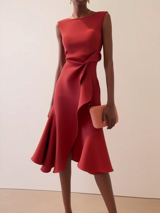 Elegyn Red Sleeveless A-Line Midi Dress - Elegant Twist-Waist Fit