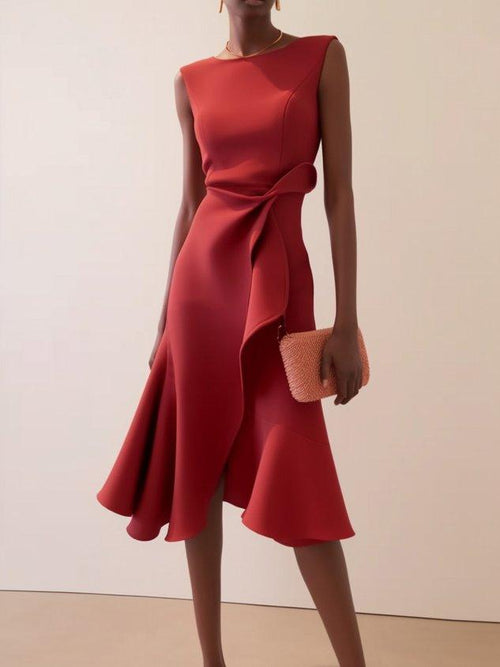 Elegyn Red Sleeveless A-Line Midi Dress - Elegant Twist-Waist Fit