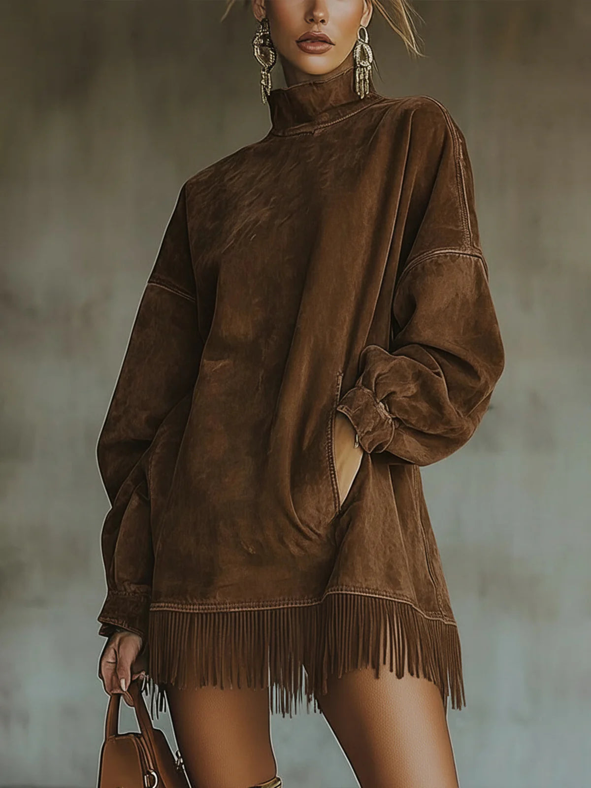 Elegyn Olive Green Suede Mini Dress - Turtleneck Fringe Hem Boho