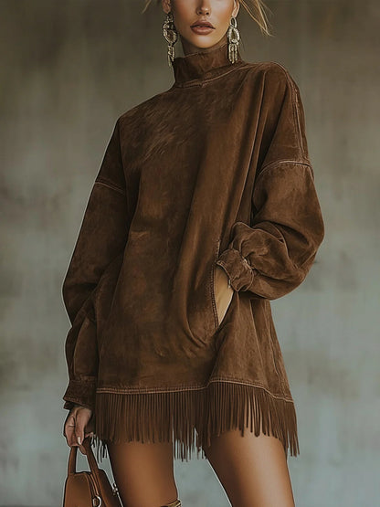 Elegyn Olive Green Suede Mini Dress - Turtleneck Fringe Hem Boho