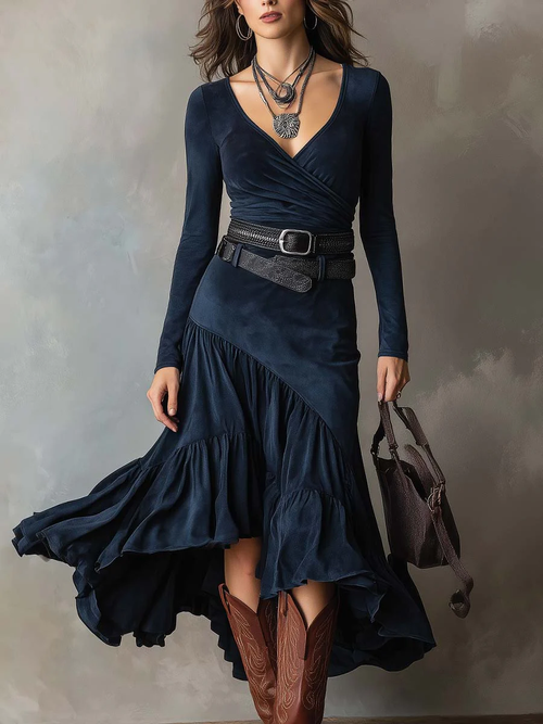 Chicyis Navy Blue Crossover V-Neck Maxi Dress - Elegant Suede Fit - CHICYIS