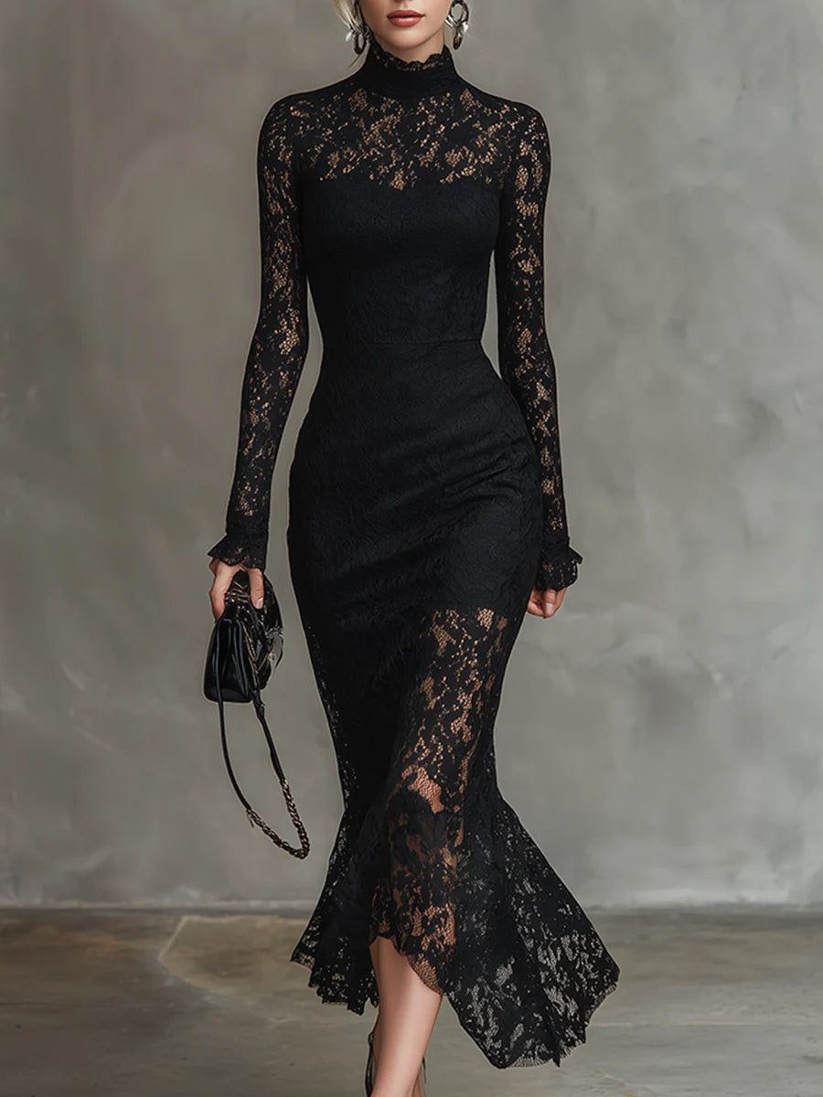 Elegyn Black Stretch Lace Fishtail Maxi Dress - Elegant Form Fit