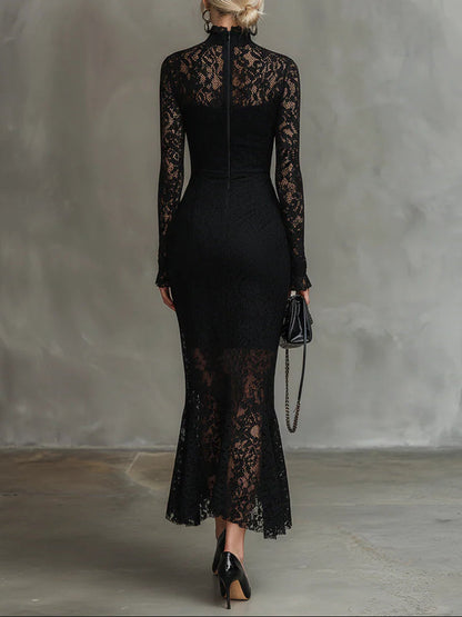 Elegyn Black Stretch Lace Fishtail Maxi Dress - Elegant Form Fit