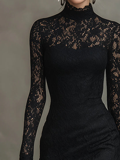 Elegyn Black Stretch Lace Fishtail Maxi Dress - Elegant Form Fit