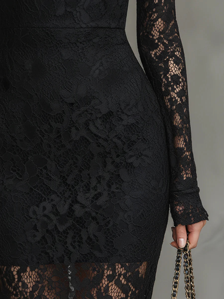 Elegyn Black Stretch Lace Fishtail Maxi Dress - Elegant Form Fit