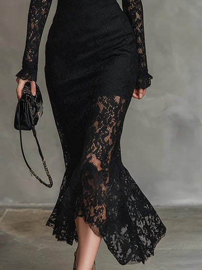 Elegyn Black Stretch Lace Fishtail Maxi Dress - Elegant Form Fit