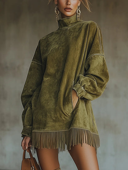 Elegyn Olive Green Suede Mini Dress - Turtleneck Fringe Hem Boho