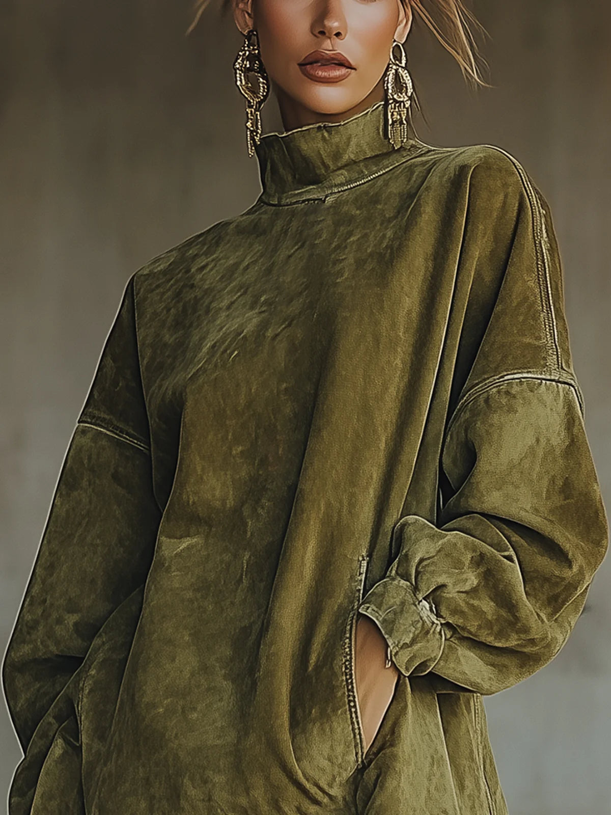 Elegyn Olive Green Suede Mini Dress - Turtleneck Fringe Hem Boho
