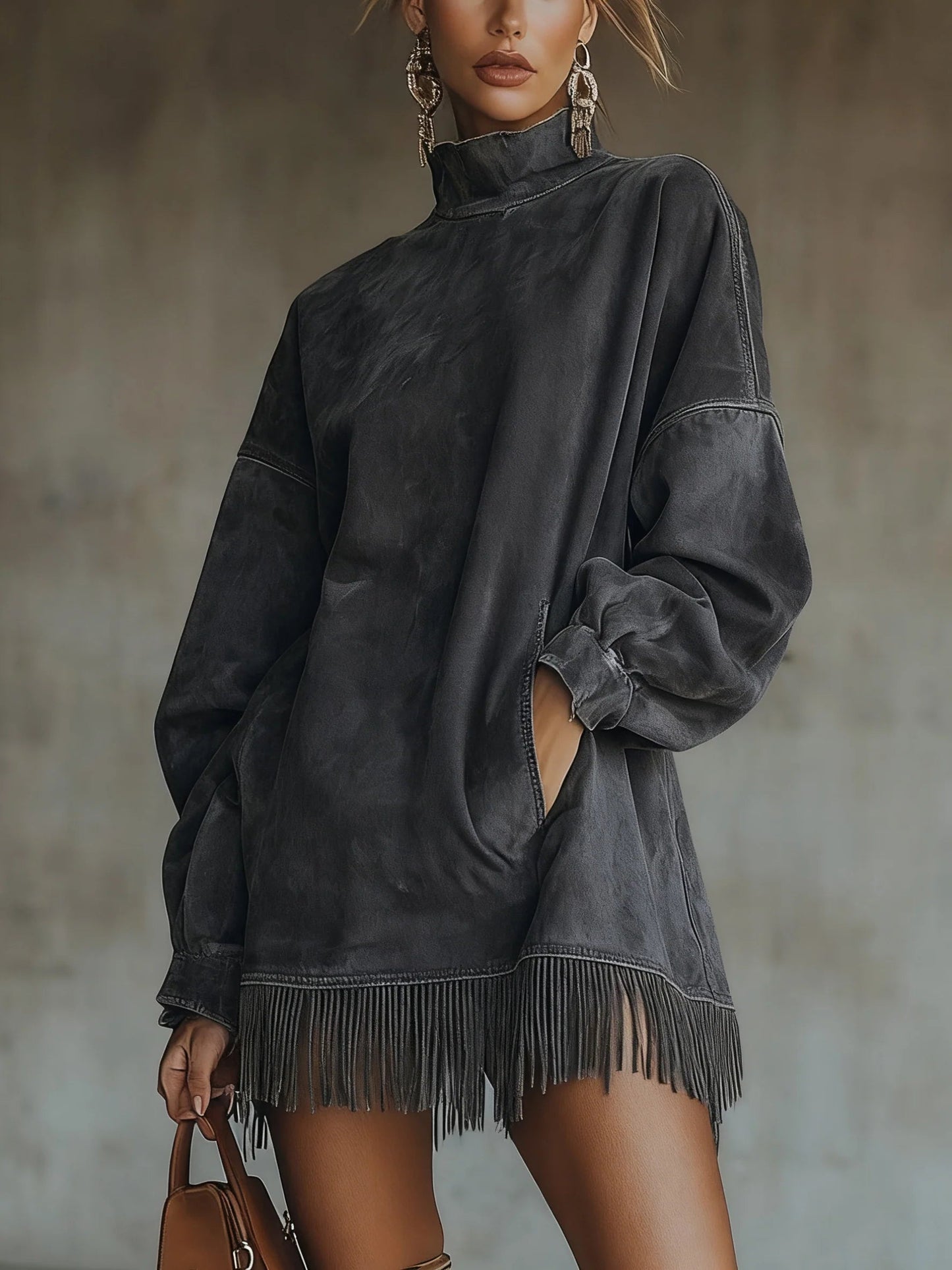 Elegyn Olive Green Suede Mini Dress - Turtleneck Fringe Hem Boho
