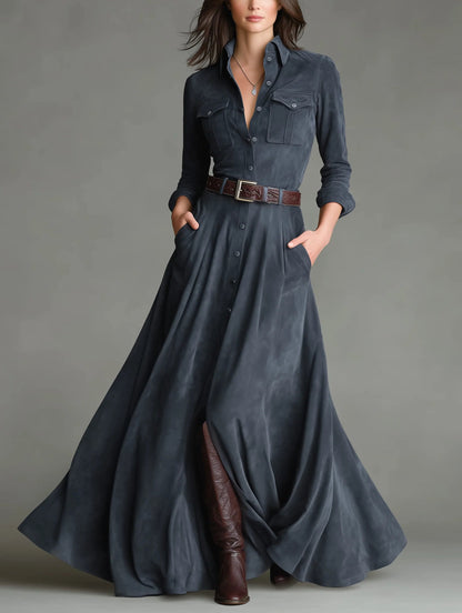 Elegyn Faux Suede Shirt Collar Maxi Dress - Elegant Belted