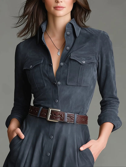 Elegyn Faux Suede Shirt Collar Maxi Dress - Elegant Belted