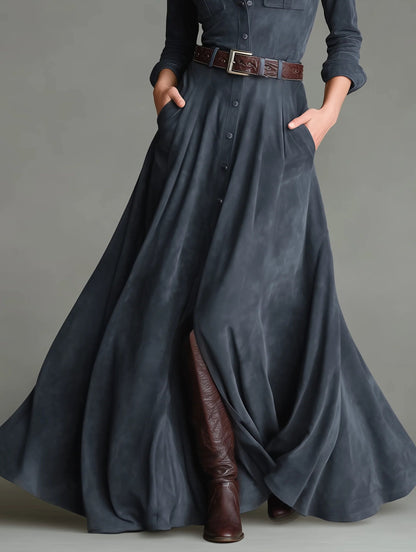 Elegyn Faux Suede Shirt Collar Maxi Dress - Elegant Belted