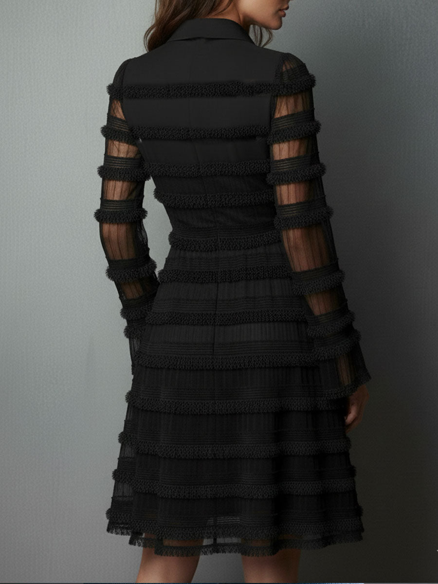 Elegyn Black Sheer Fringe Mini Dress - Layered Mesh Evening Wear