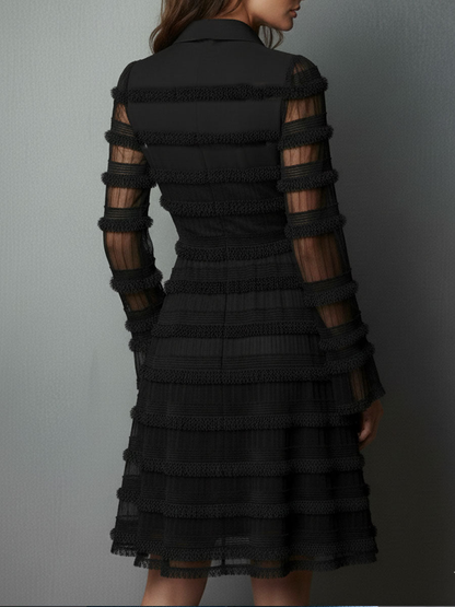 Elegyn Black Sheer Fringe Mini Dress - Layered Mesh Evening Wear