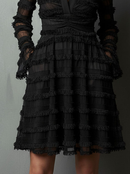 Elegyn Black Sheer Fringe Mini Dress - Layered Mesh Evening Wear
