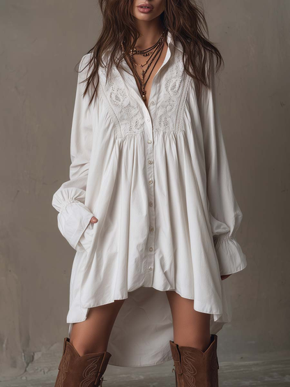 Elegyn White Lace Trim Mini Dress Bishop Sleeve Button Front