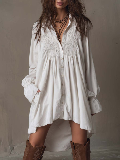 Elegyn White Lace Trim Mini Dress Bishop Sleeve Button Front