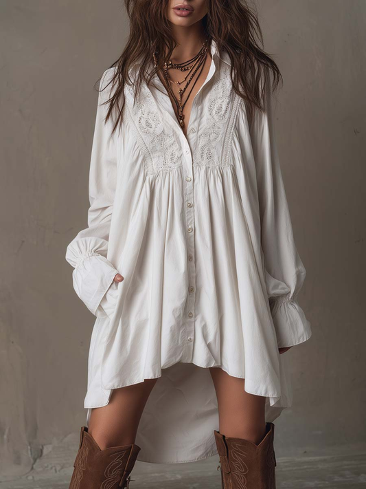 Elegyn White Lace Trim Mini Dress Bishop Sleeve Button Front