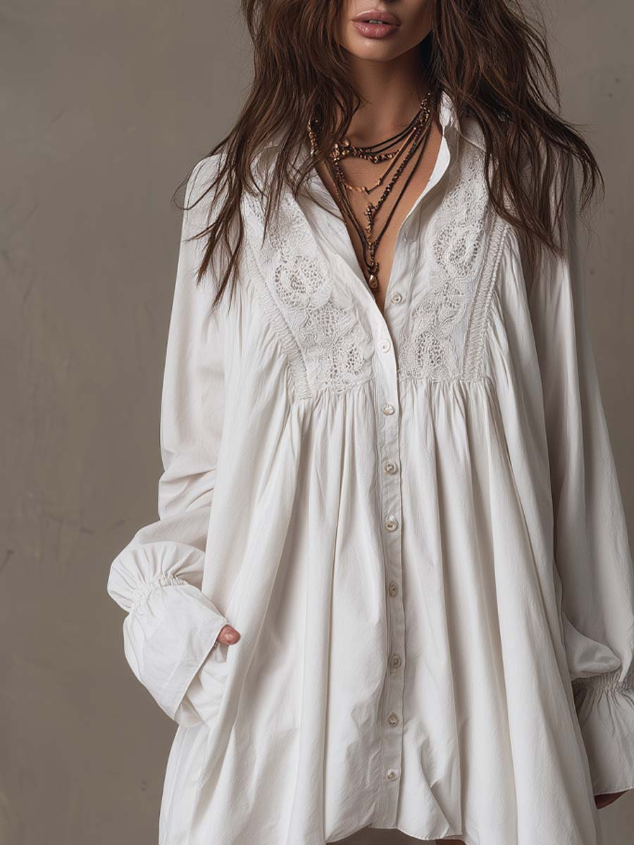 Elegyn White Lace Trim Mini Dress Bishop Sleeve Button Front