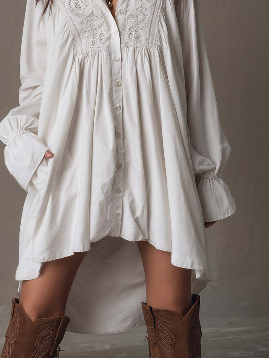Elegyn White Lace Trim Mini Dress Bishop Sleeve Button Front