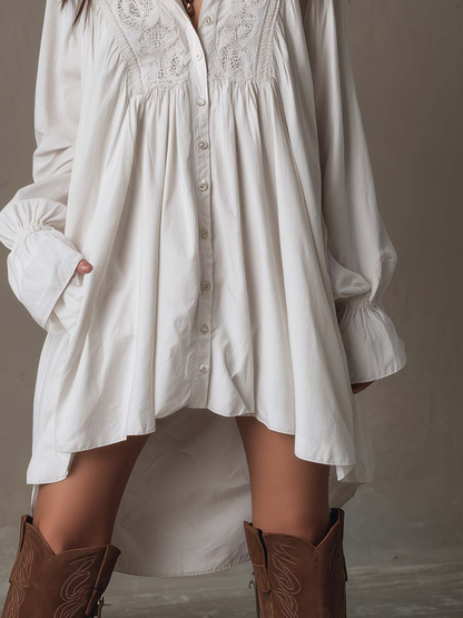 Elegyn White Lace Trim Mini Dress Bishop Sleeve Button Front
