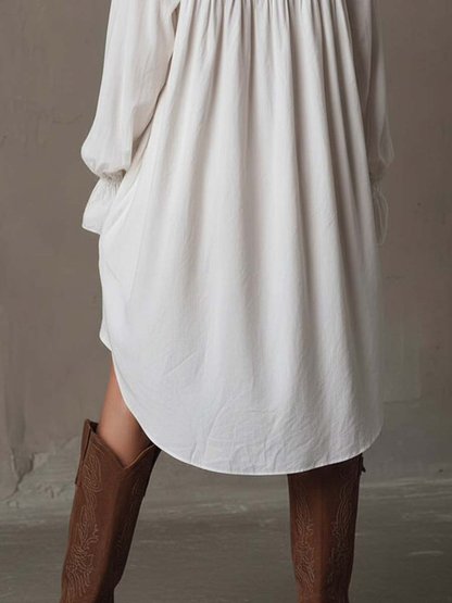 Elegyn White Lace Trim Mini Dress Bishop Sleeve Button Front