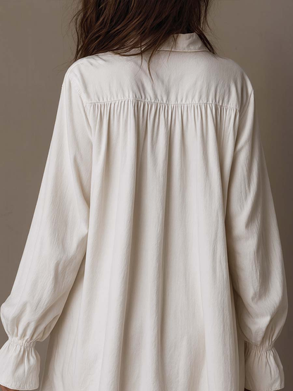 Elegyn White Lace Trim Mini Dress Bishop Sleeve Button Front