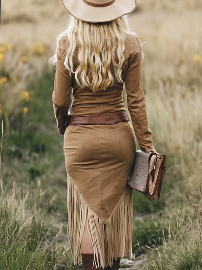 Elegyn Vintage Western Lapel Zipper Tassel Midi Dress - Tan Suede