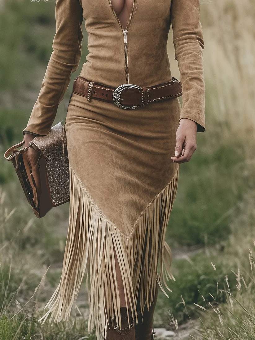 Elegyn Vintage Western Lapel Zipper Tassel Midi Dress - Tan Suede