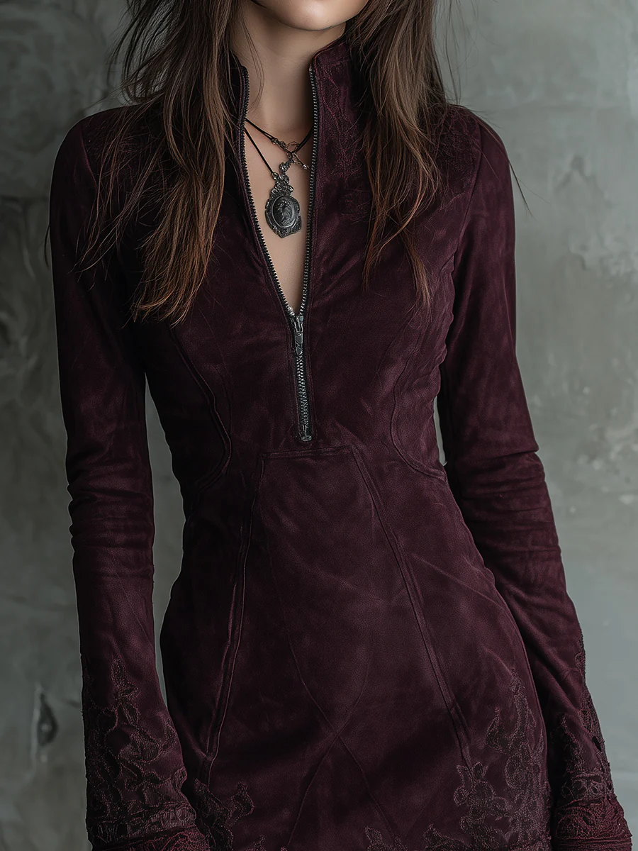 Elegyn Burgundy Suede Mini Dress - V-Neck Embroidered Lace Trim
