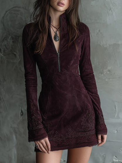 Elegyn Burgundy Suede Mini Dress - V-Neck Embroidered Lace Trim