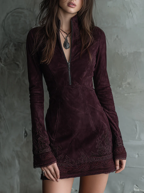 Elegyn Burgundy Suede Mini Dress - V-Neck Embroidered Lace Trim