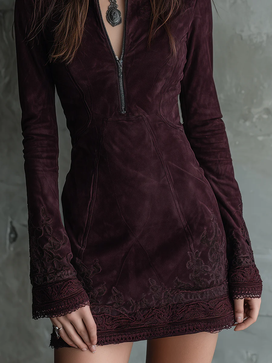 Elegyn Burgundy Suede Mini Dress - V-Neck Embroidered Lace Trim