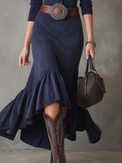 Elegyn Navy Blue Stand-up Collar Maxi Dress - Elegant High-Low Hem