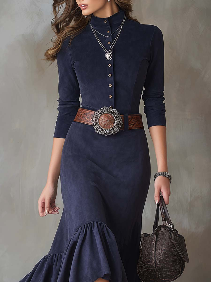 Elegyn Navy Blue Stand-up Collar Maxi Dress - Elegant High-Low Hem