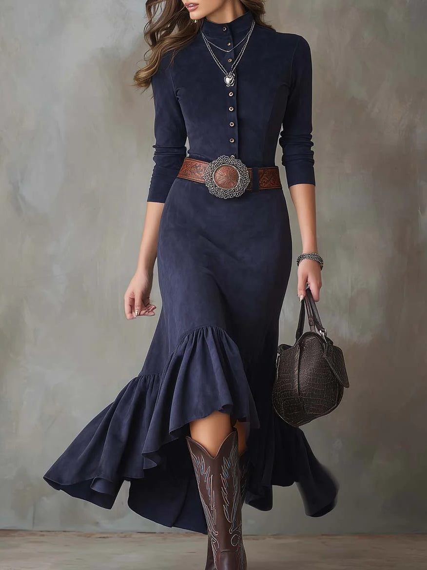 Elegyn Navy Blue Stand-up Collar Maxi Dress - Elegant High-Low Hem