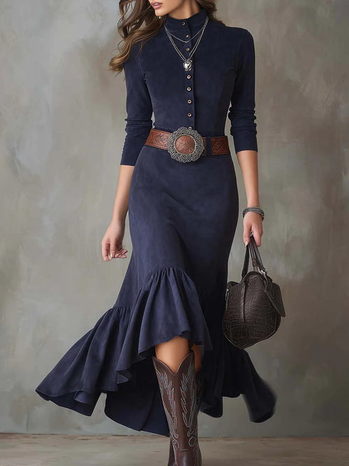 Elegyn Navy Blue Stand-up Collar Maxi Dress - Elegant High-Low Hem