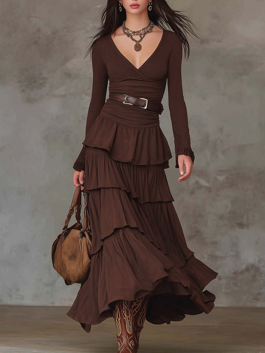 Elegyn Brown Retro V-Neck Maxi Dress - Elegant Multi-Layered Ruffles