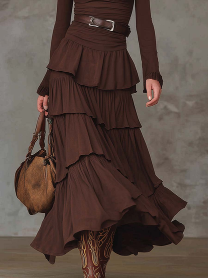 Elegyn Brown Retro V-Neck Maxi Dress - Elegant Multi-Layered Ruffles
