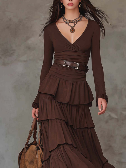 Elegyn Brown Retro V-Neck Maxi Dress - Elegant Multi-Layered Ruffles