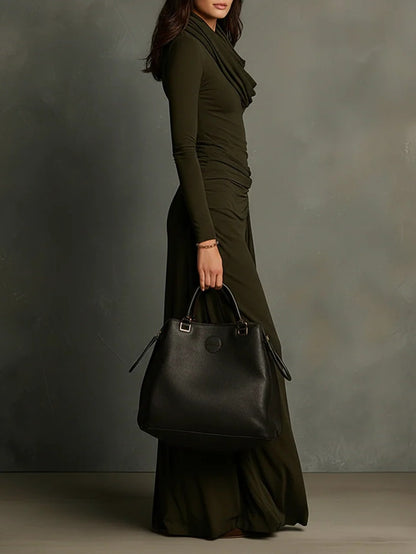 Elegyn Olive Green Maxi Dress - Cowl Turtleneck & Slim Fit